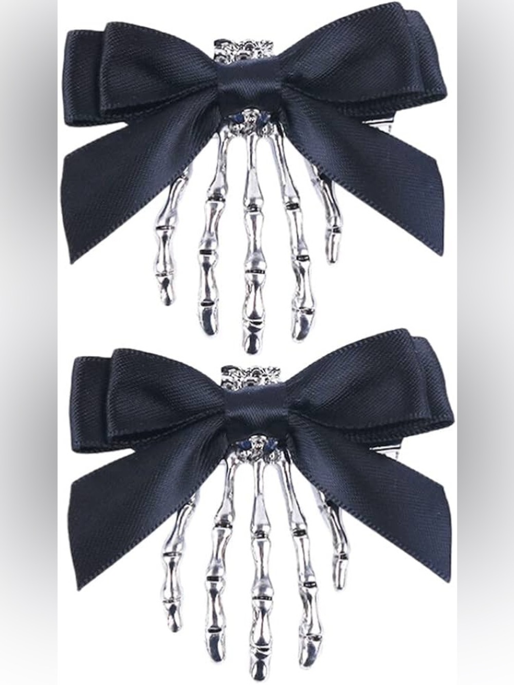 Black Ribbon Bow Hair Clips with Silver Skeleton Charm - hair accessories